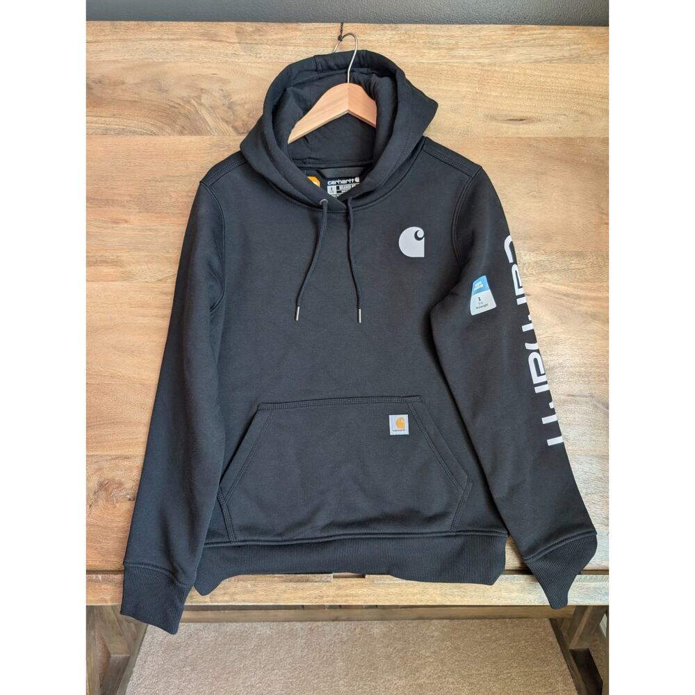 Carhartt Hoodie Womens Small Black Relaxed Fit Midweight Logo Sleeve Graphic NWT